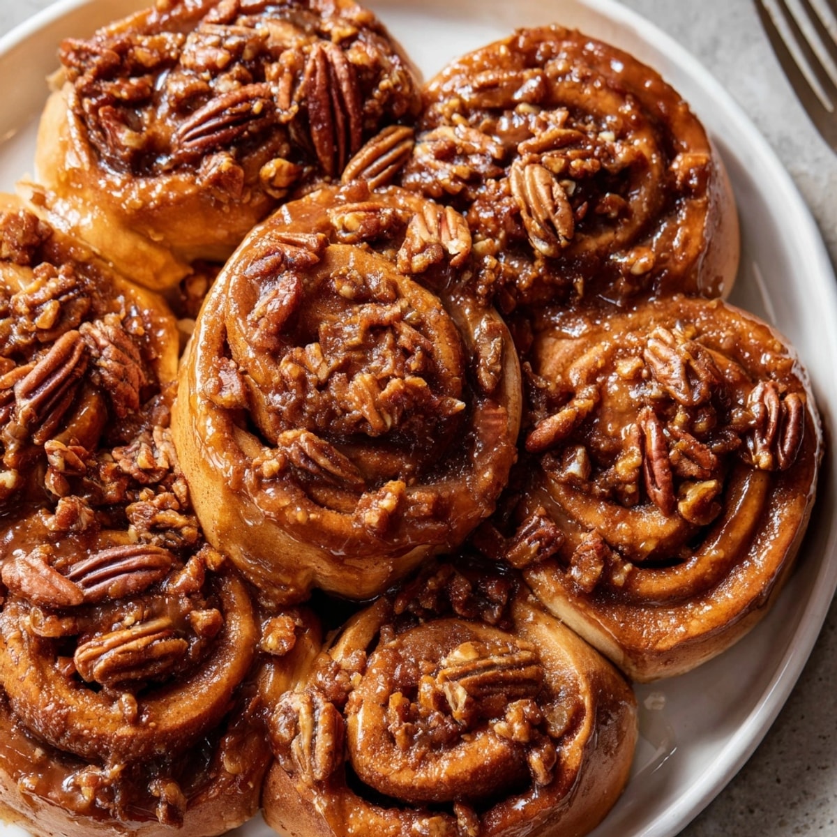 Golden Old-Fashioned Pecan Rolls just out of the oven, glistening with caramel.