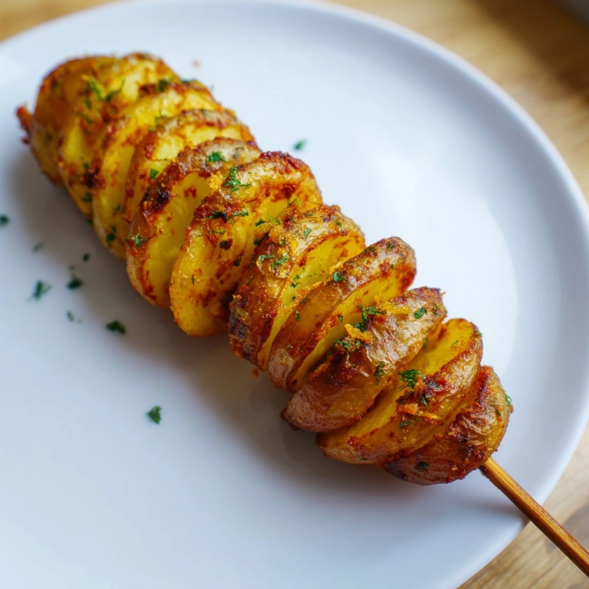 Golden brown Air-Fryer Tornado Potatoes seasoned with smoky paprika; a crispy treat.