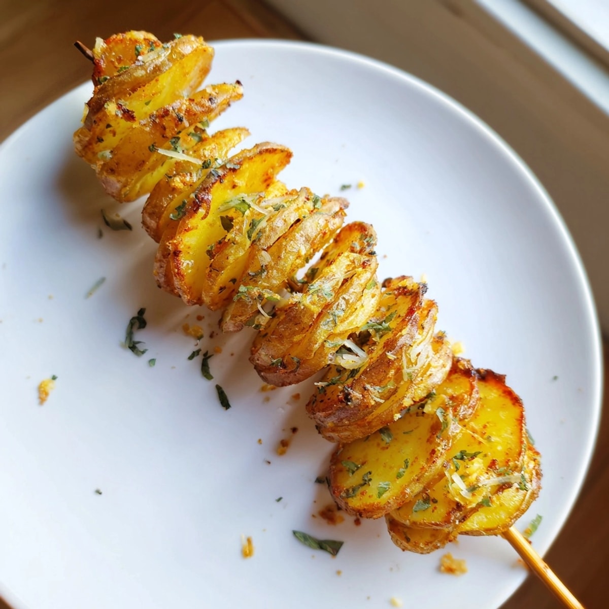 Close-up of spiraled and seasoned Air-Fryer Tornado Potatoes, ready to be served.