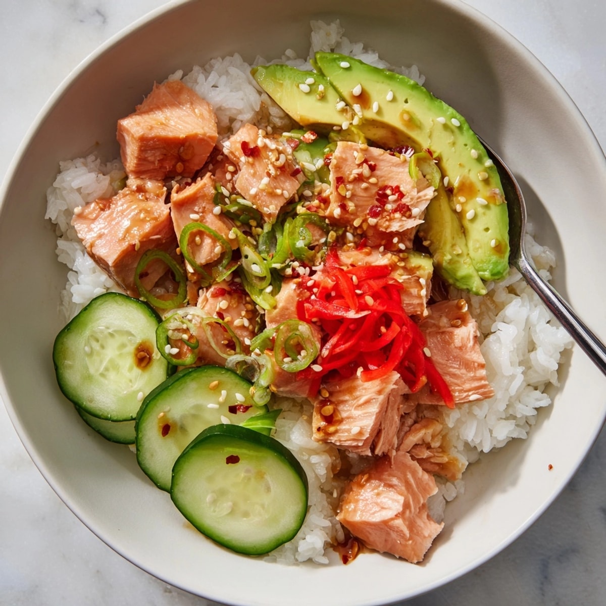 Flaked salmon and rice bowl, warmed with steam for a quick, delicious lunch.