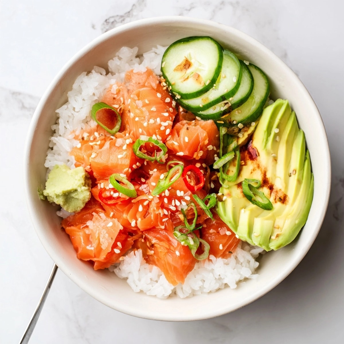 Looking down at a colorful Leftover Salmon &amp; Rice Bowl with glistening toppings.