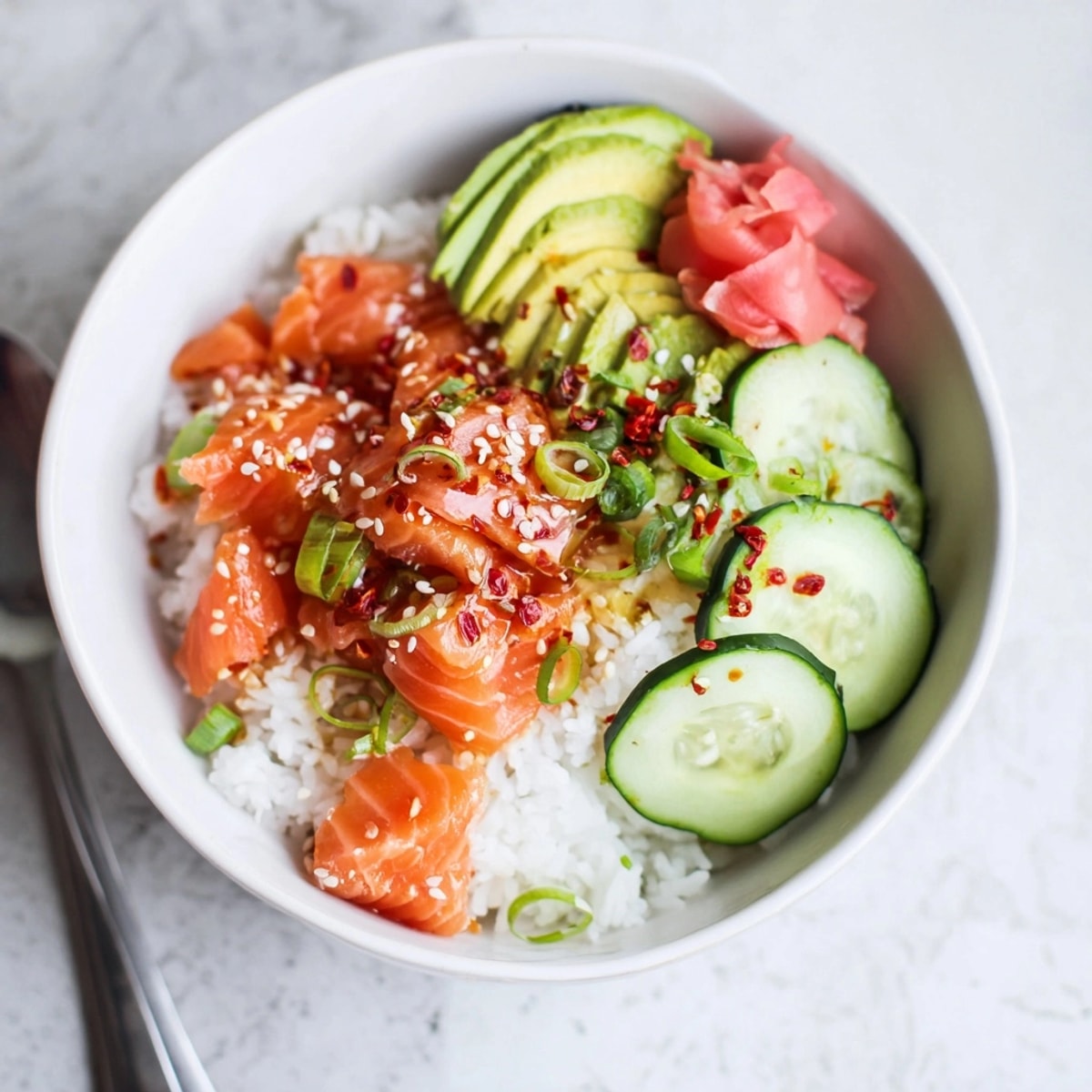 Close-up of a vibrant Leftover Salmon &amp; Rice Bowl, ready to be enjoyed.