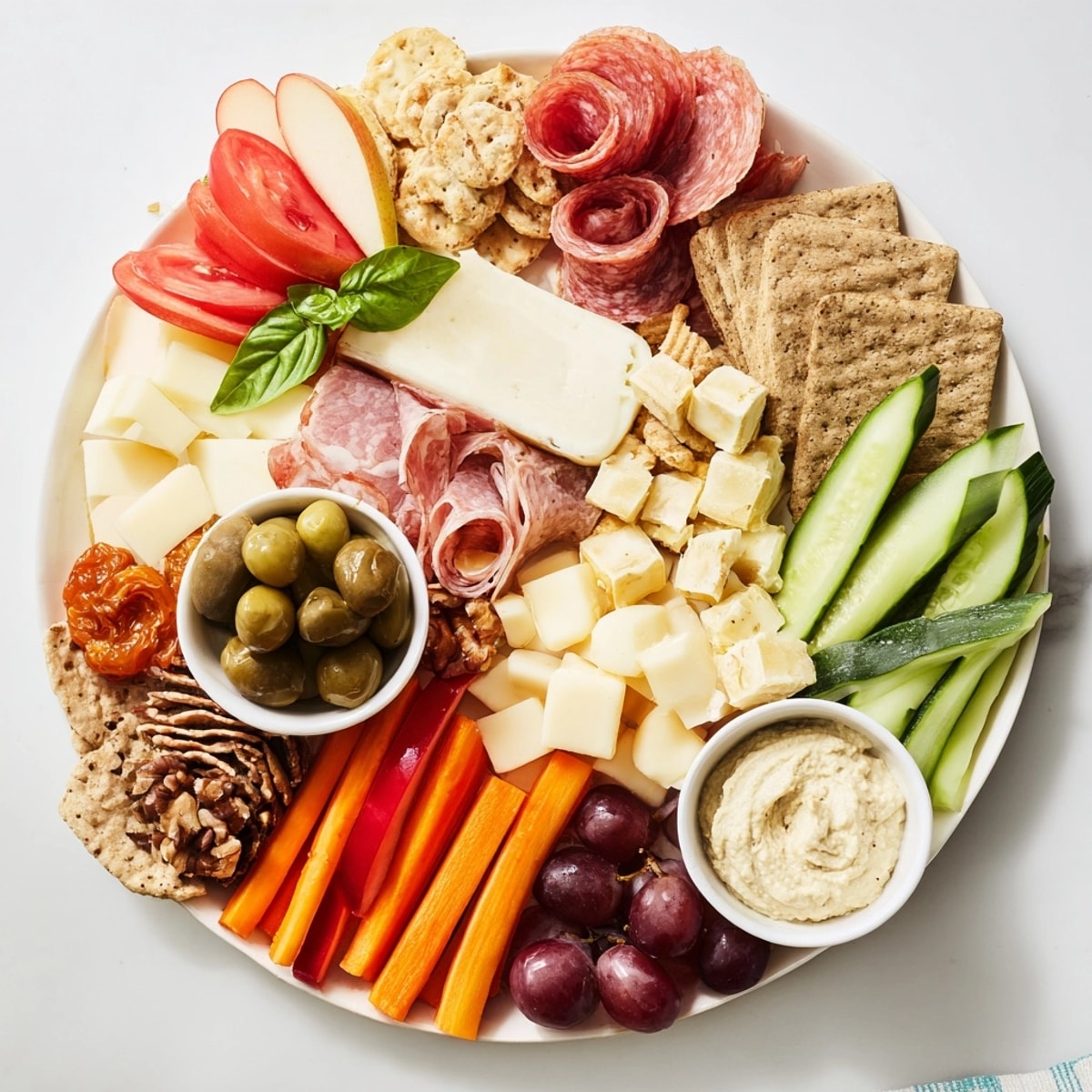A colorful &quot;Girl Dinner Platter&quot; with cheeses, nuts, fruits, inviting quick, delicious snacking.