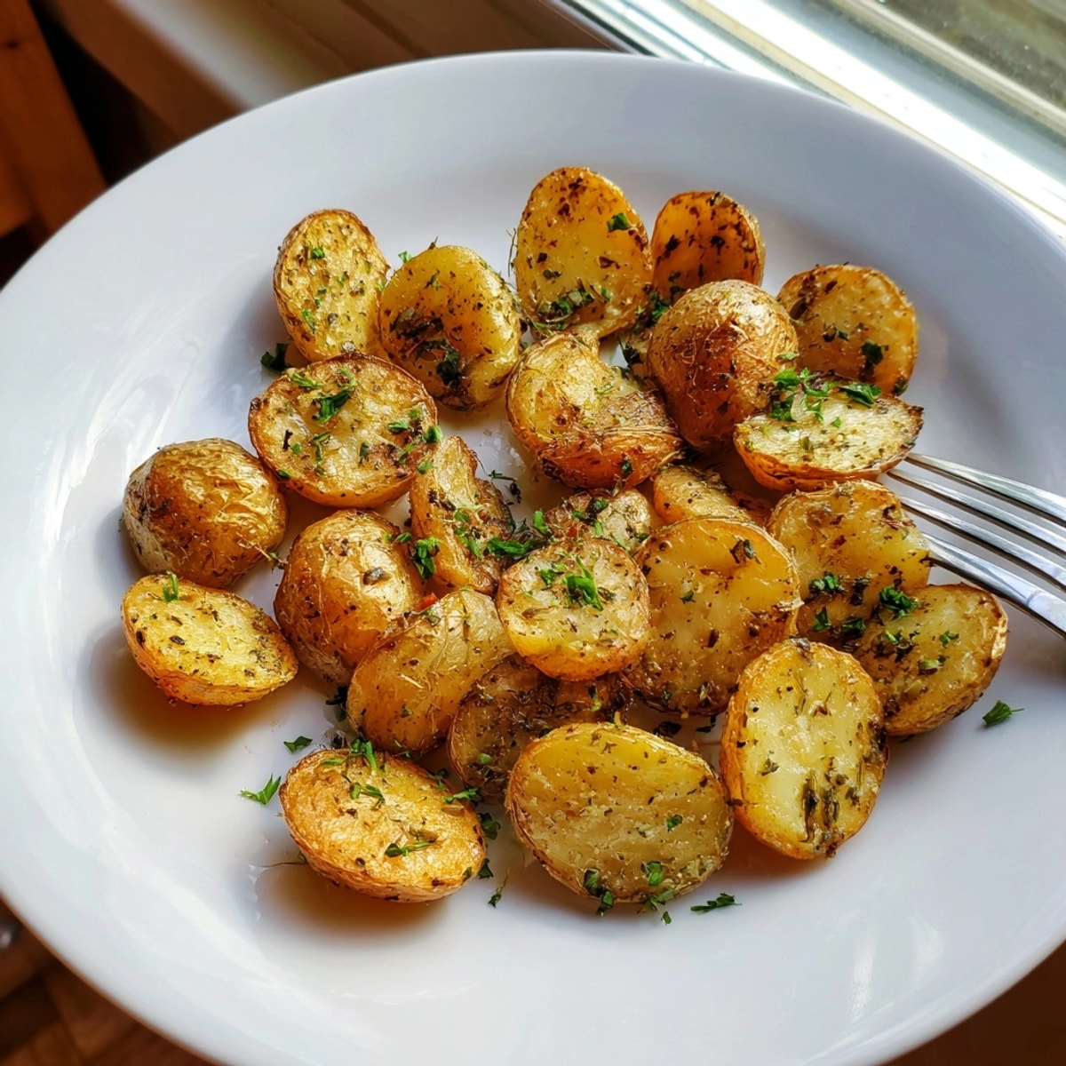 Golden Weight Watchers Herb-Roasted Potatoes, seasoned and glistening, await a fresh parsley garnish.