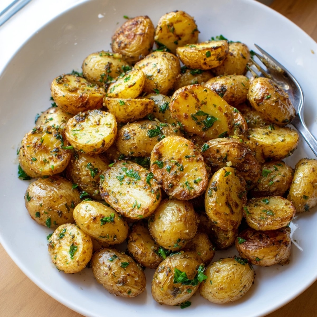Elevated view of crispy Weight Watchers Herb-Roasted Potatoes served hot from the oven.