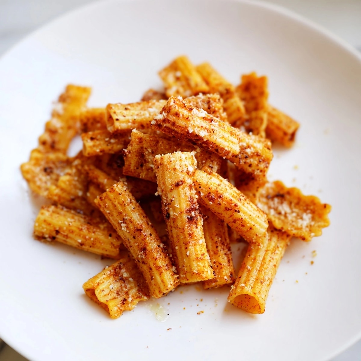 Homemade Pasta Chips Seasoned Variety scattered on a plate, served with a creamy dip.