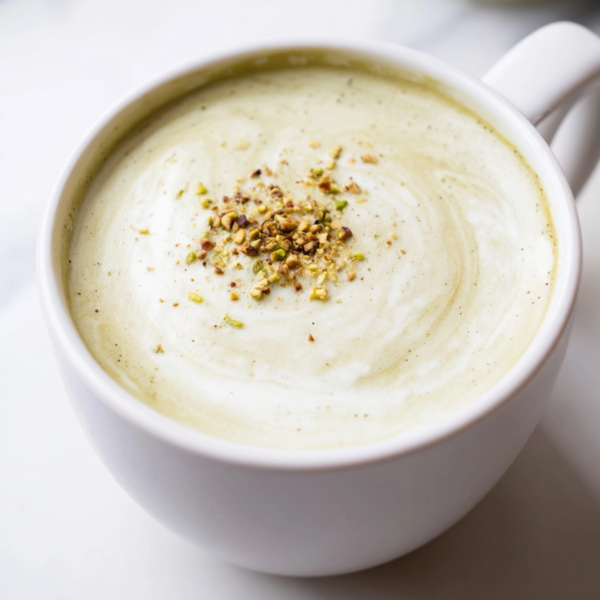 Creamy homemade Pistachio Milk Latte in a clear glass, garnished with crushed pistachios.