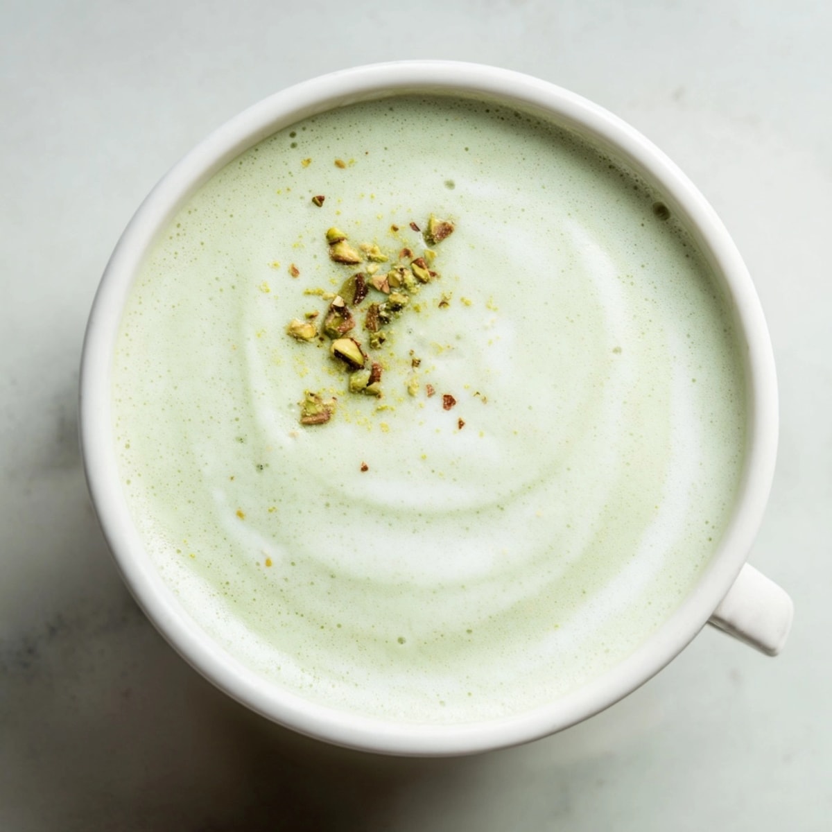 Close-up of a frothy Pistachio Milk Latte, showcasing its velvety texture and nutty aroma.