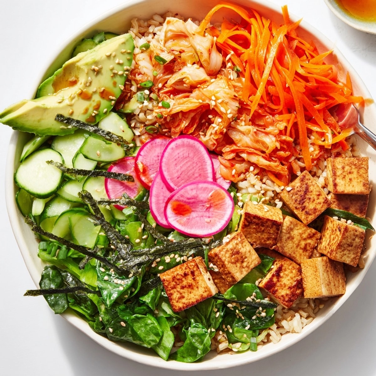 Vibrant Fermented Vegetable Bowl recipe: Kimchi, avocado, and grains drizzled with a tangy dressing.