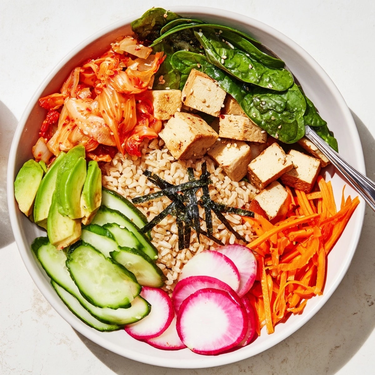 Golden-toasted sesame seeds top a homemade Fermented Vegetable Bowl, full of nutrients.