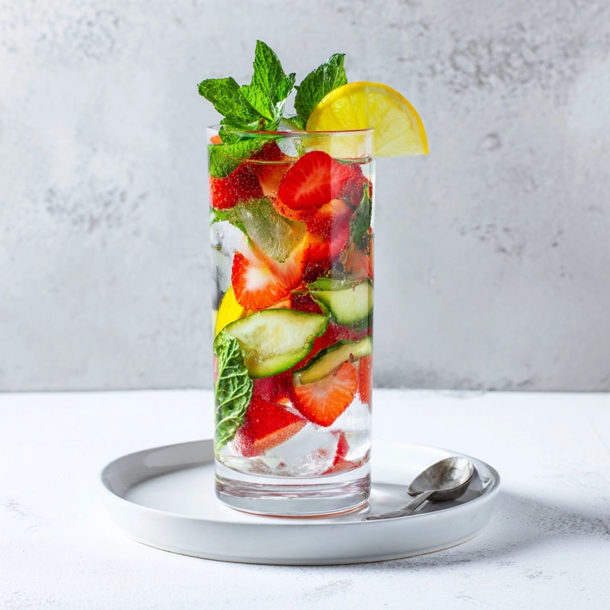 Refreshing water-based mocktails swirled with vibrant strawberries and cucumber, perfect for a hot summer day.