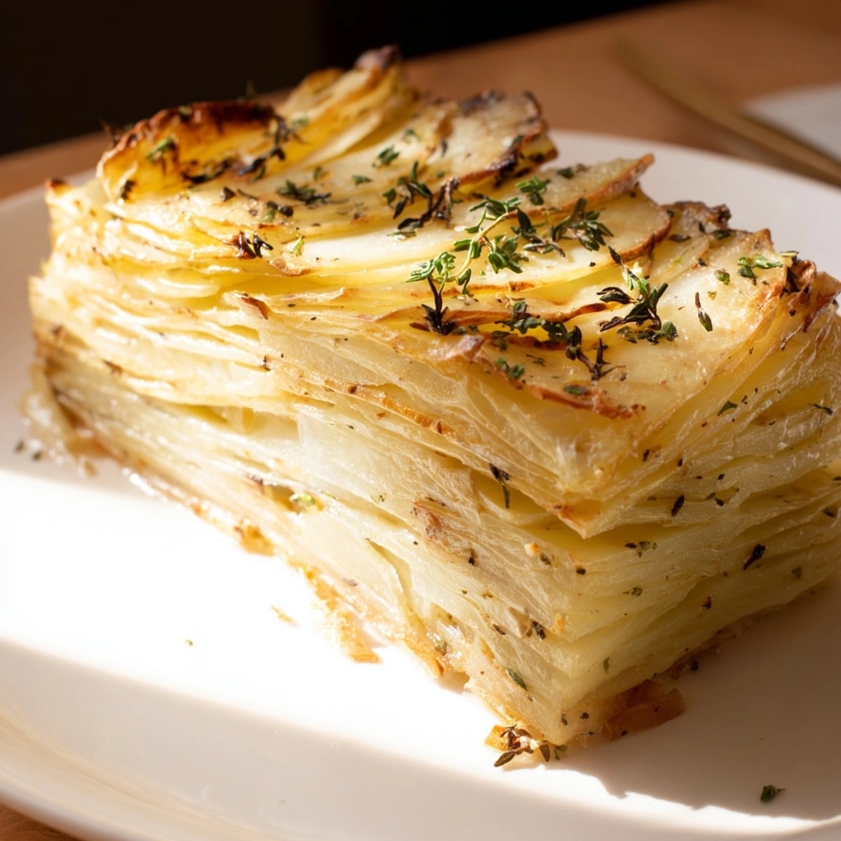 Close-up of buttery, layered 15-Hour Potatoes; imagine their melt-in-your-mouth texture and savory aroma.