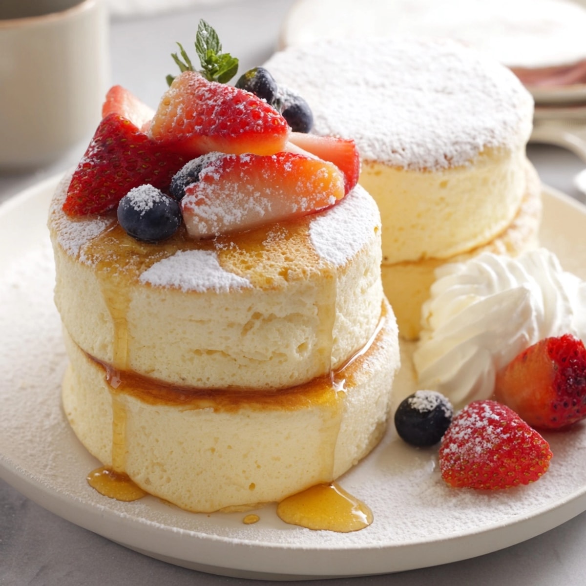 Stack of golden Japanese Souffle Pancakes, fluffy texture begging for berries and syrup.