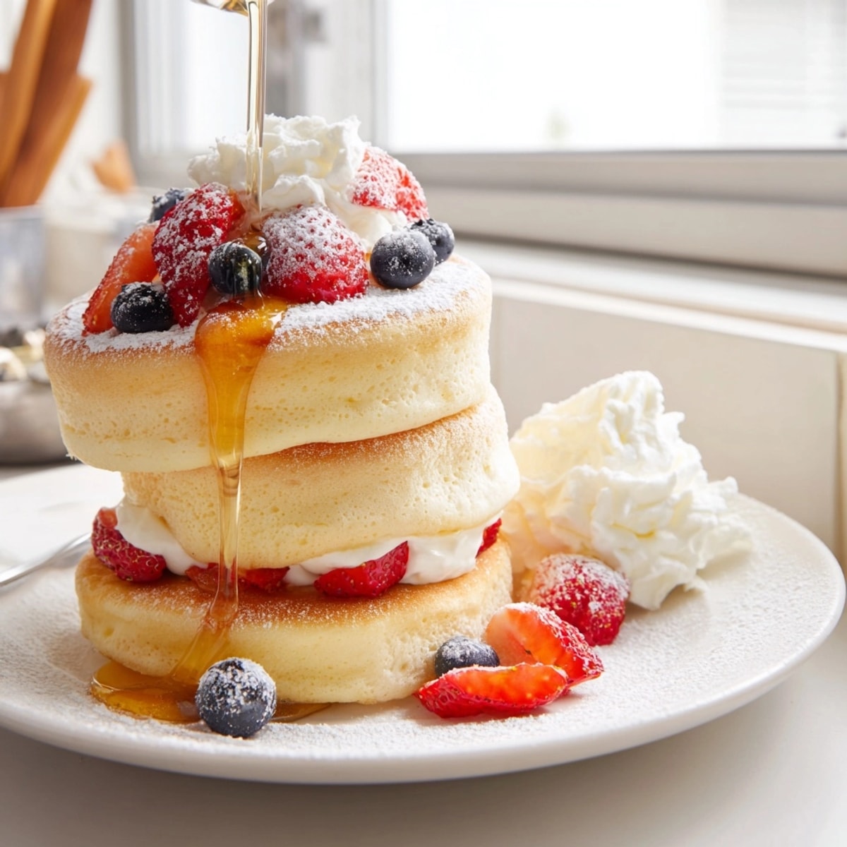 Tall jiggly Japanese Souffle Pancakes with powdered sugar a light and decadent brunch.