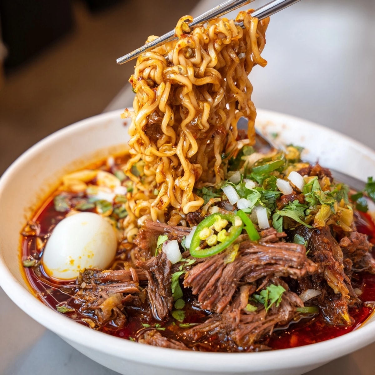 A steaming bowl of Birria Ramen, garnished with cilantro and onions, ready to enjoy.