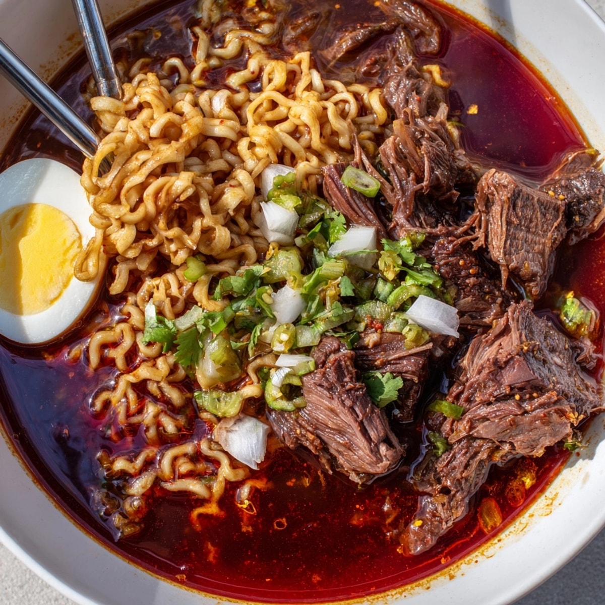Close-up of savory Birria Ramen: tender braised beef, rich broth, nestled with chewy ramen.