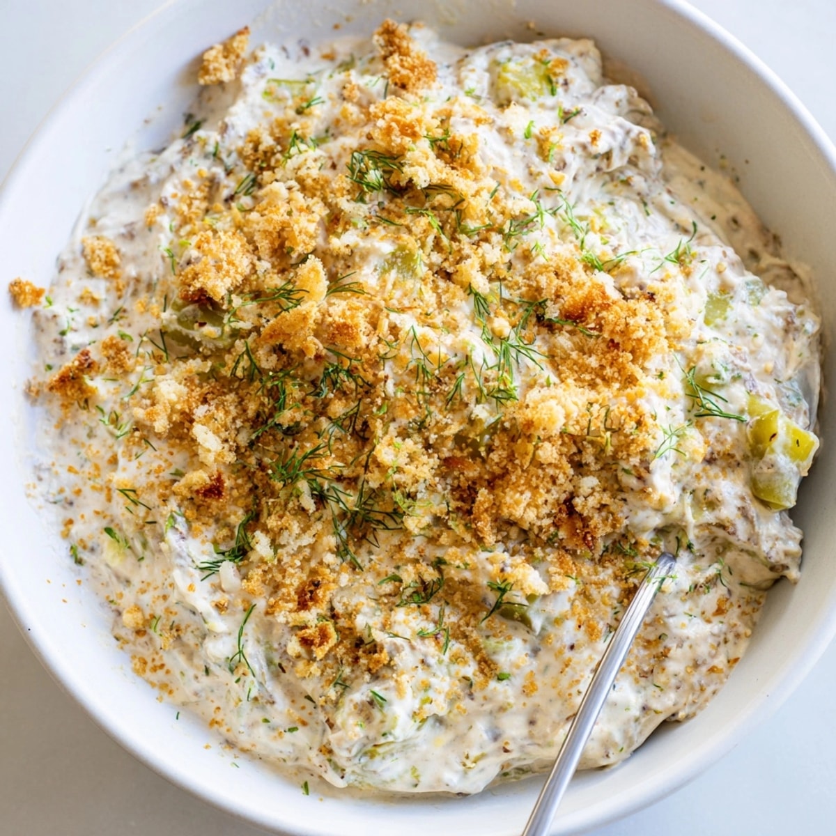 Creamy homemade Fried Pickle Dip with golden toasted breadcrumbs, ready to be served.