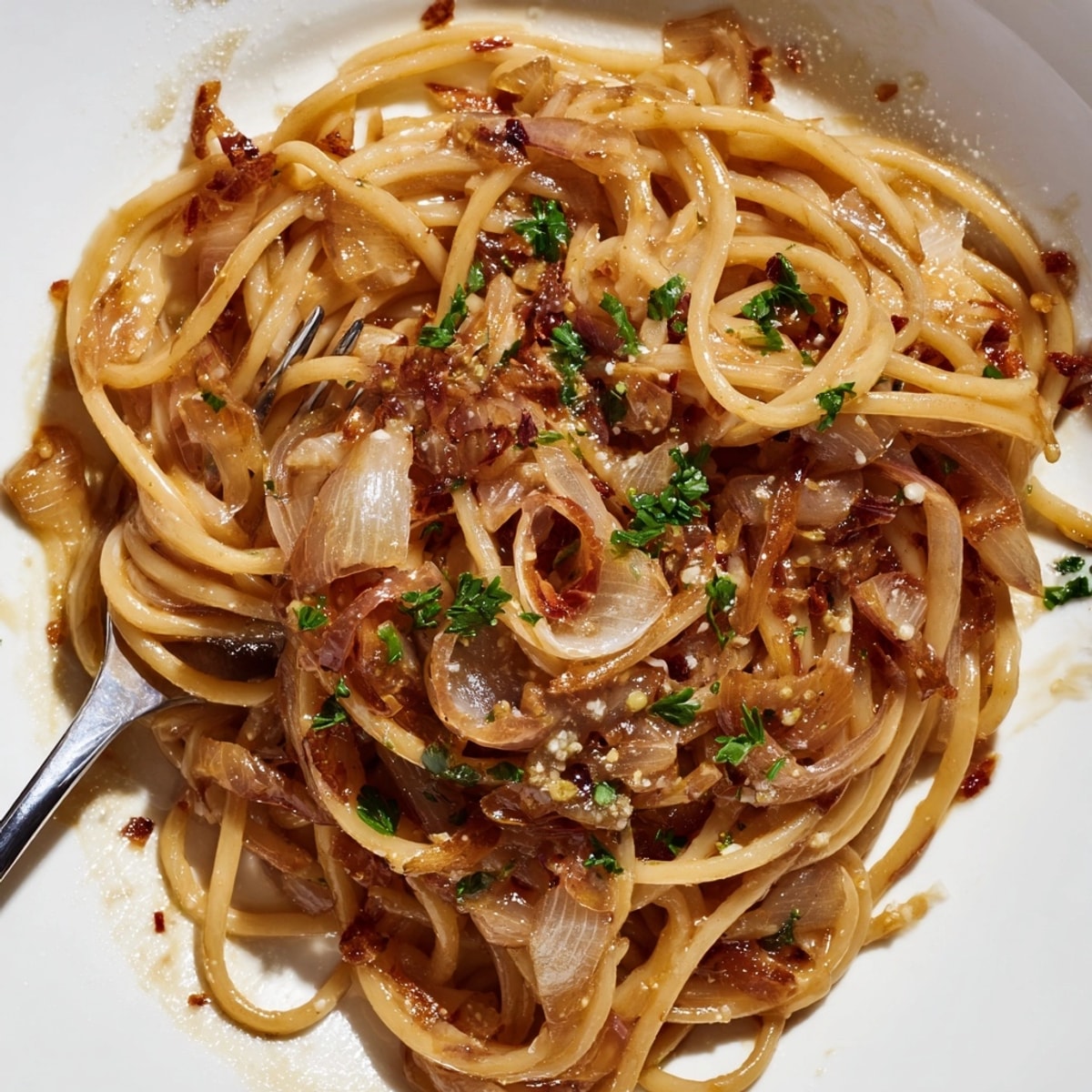 Close-up of creamy Caramelized Shallot Pasta with fresh parsley and grated Parmesan cheese.