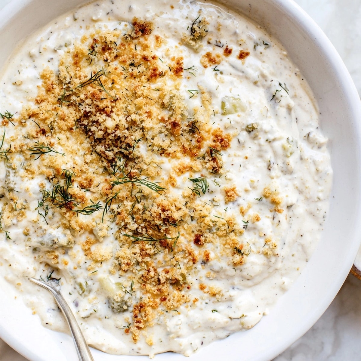 Scooping up a bite of Fried Pickle Dip; a taste of summer snacking.