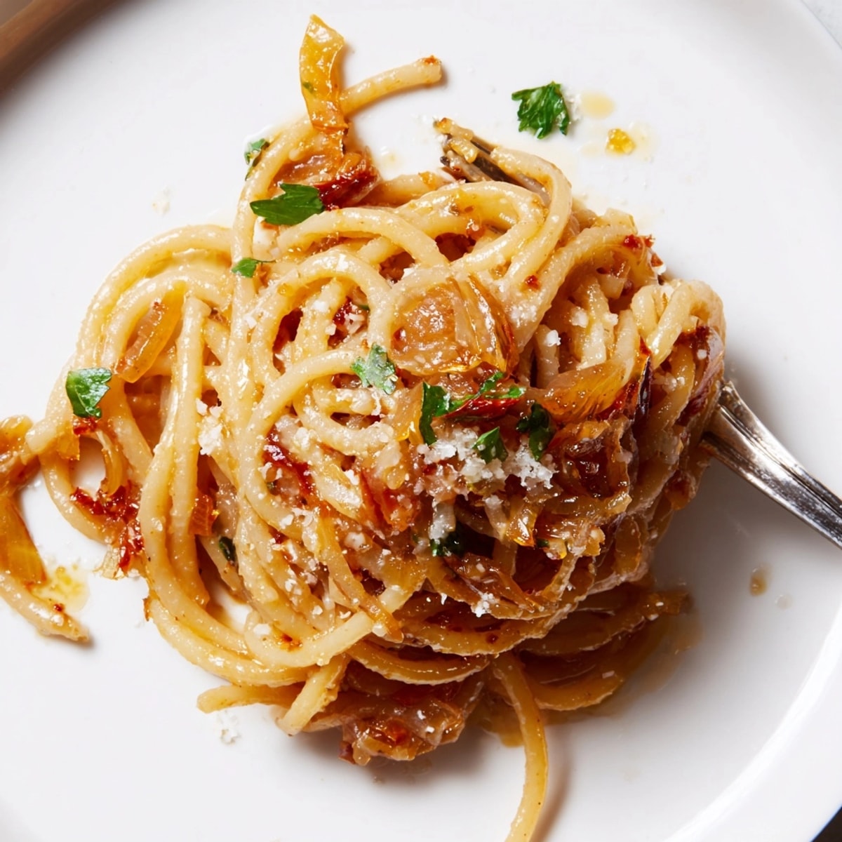 A skillet of flavorful Caramelized Shallot Pasta, showcasing the rich colors and textures of the dish.
