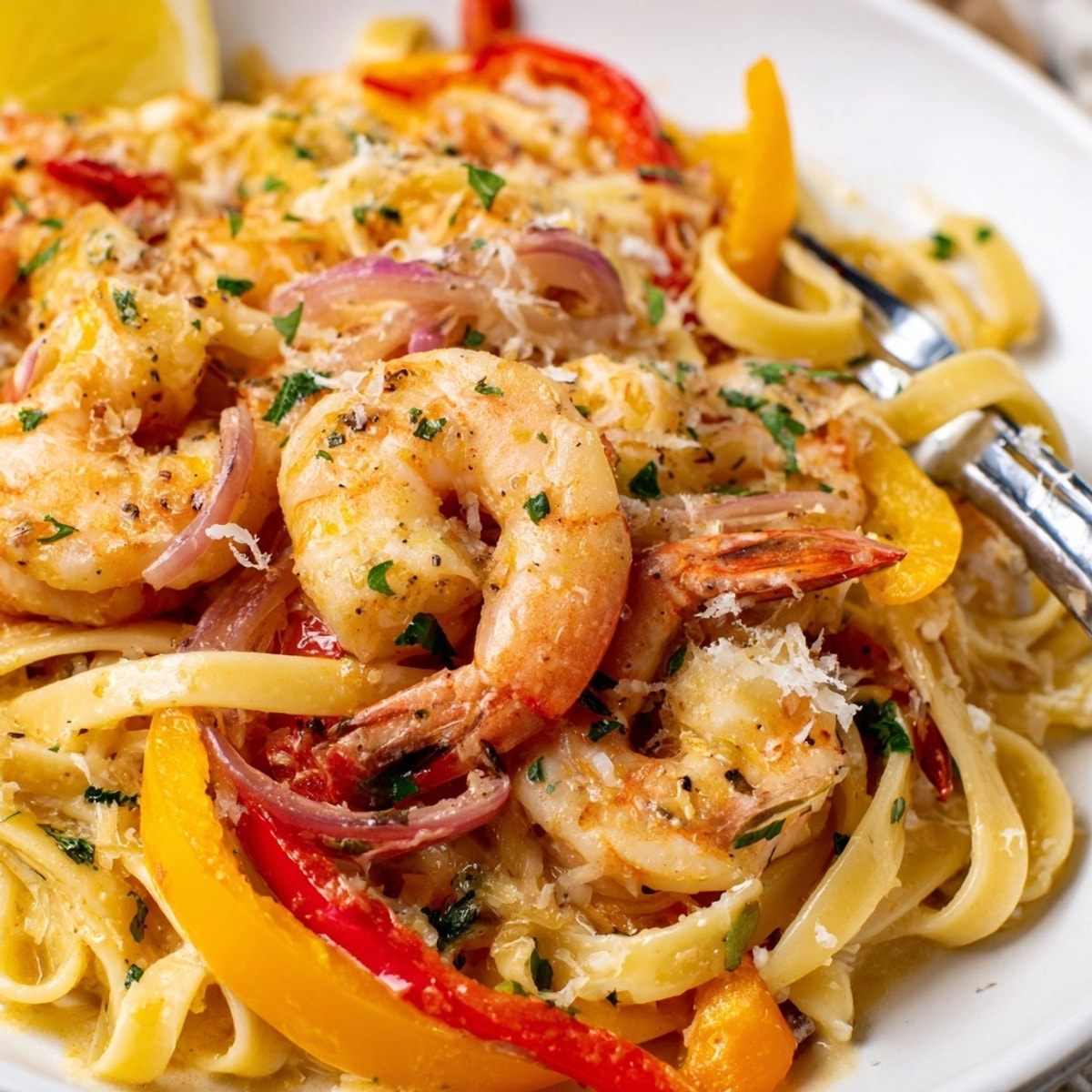 Creamy Cajun Shrimp Pasta: Spiral noodles coated in a rich sauce with juicy shrimp.