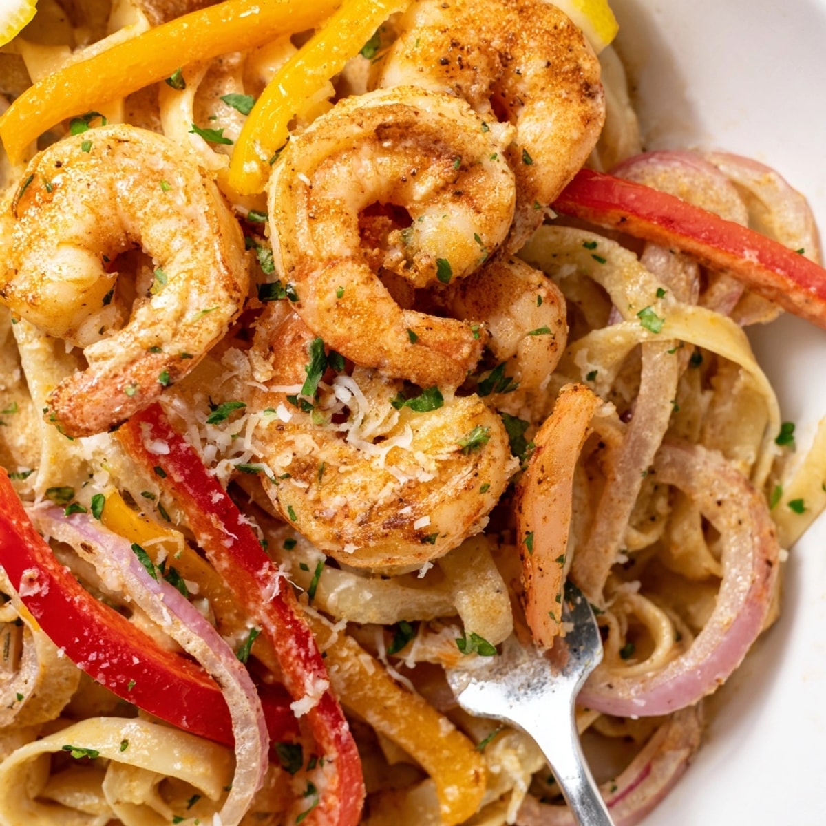 Close-up of spicy Cajun Shrimp Pasta, showcasing tender shrimp and vibrant bell peppers.