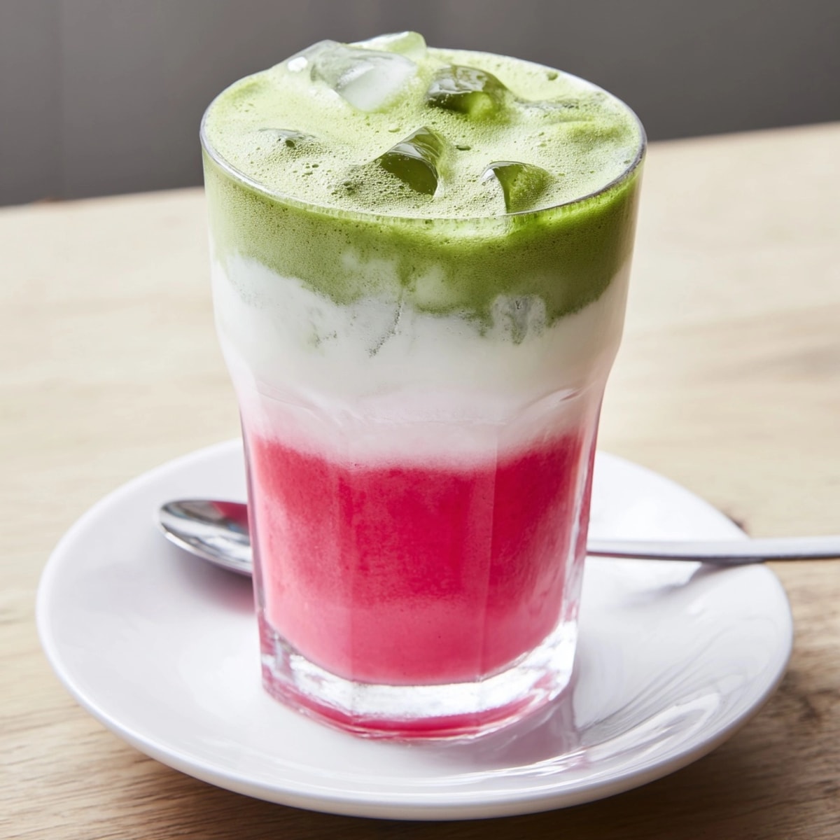 Layered Strawberry Matcha Latte: A cool, vibrant fusion drink with defined red and green layers.
