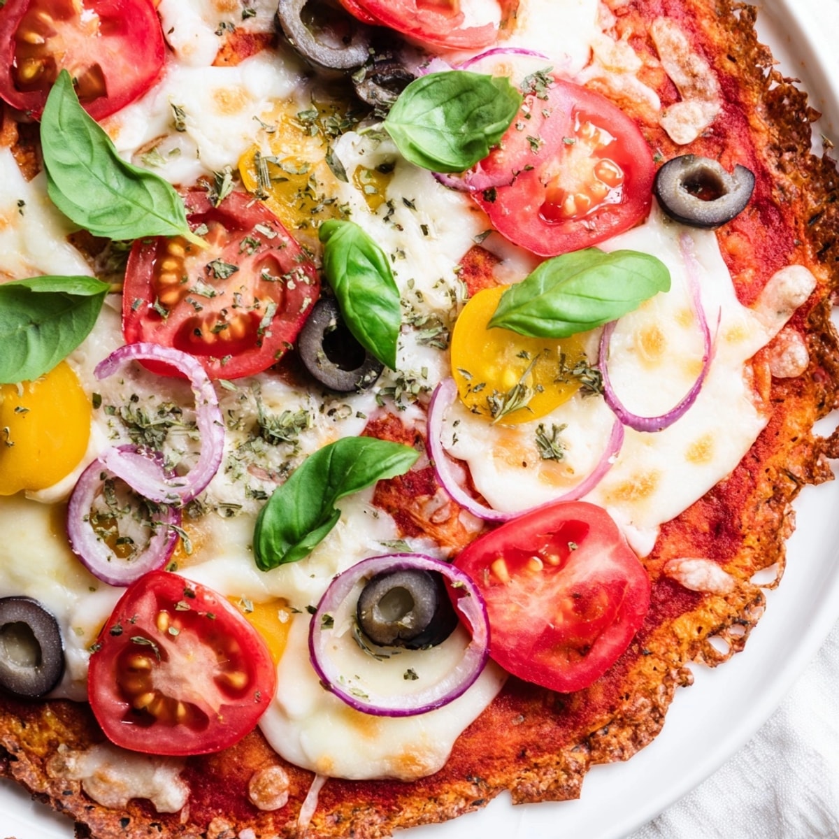 Golden, crisp-edged Rice Paper Pizza fresh from the oven, loaded with colorful toppings.