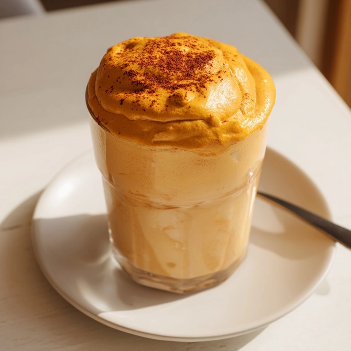 Close-up of fluffy Pumpkin Cream Cold Foam swirling atop rich, dark iced coffee.