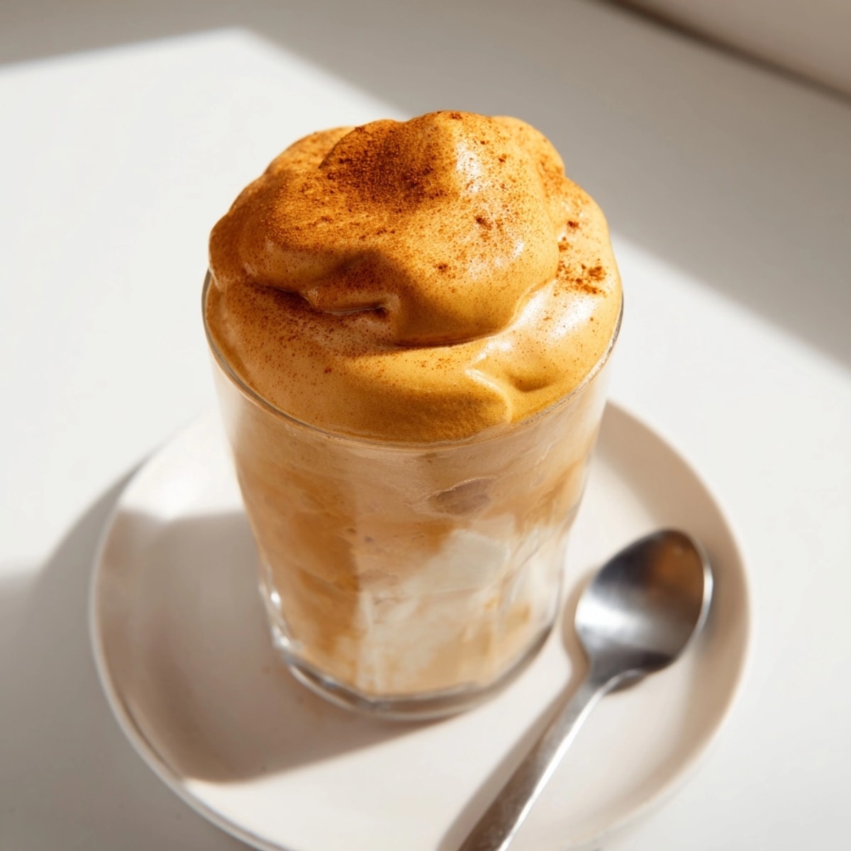 Iced coffee topped with light and airy pumpkin cream cold foam, cinnamon dusted.