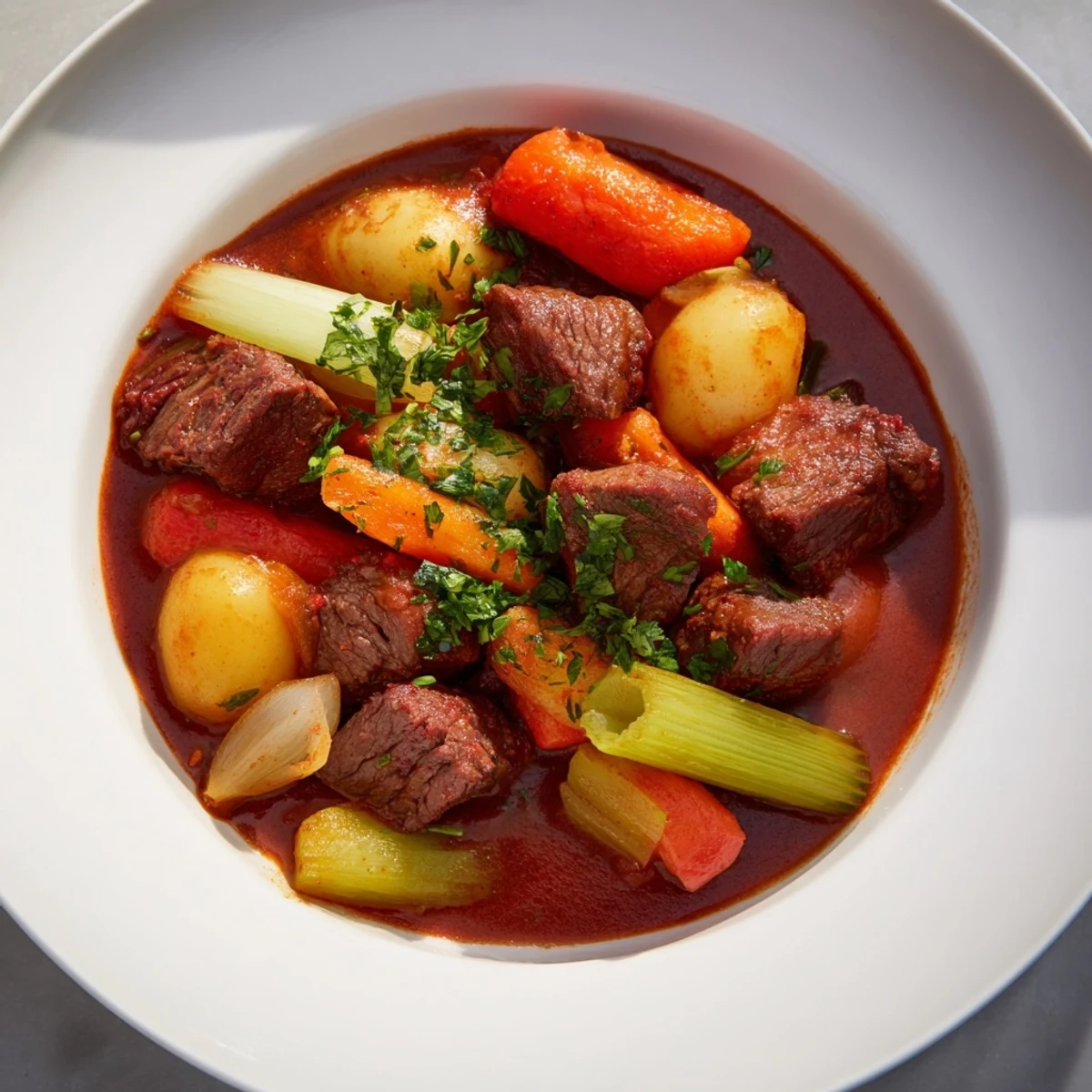 A steaming bowl of savory lamb stew, filled with tender meat and hearty vegetables.