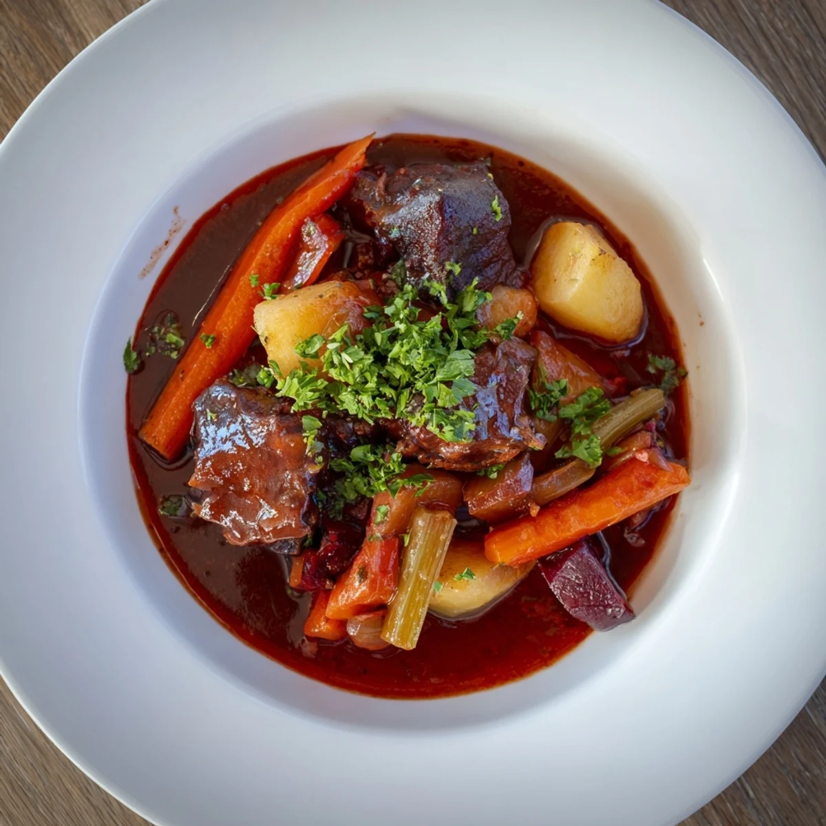 Close-up of a rustic savory lamb stew, garnished with fresh parsley for a comforting experience.