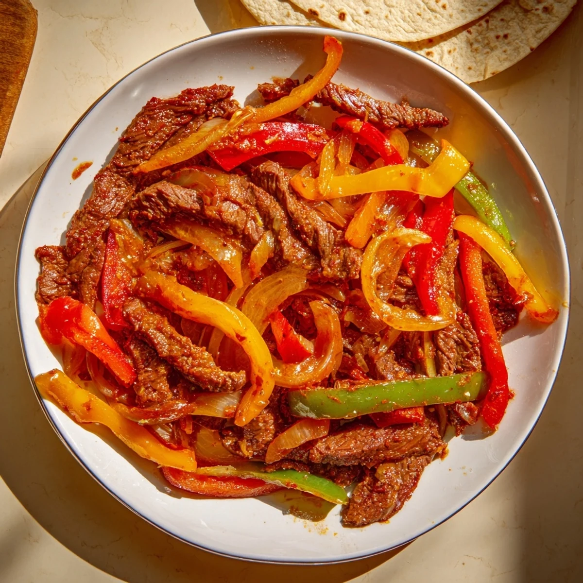 Sizzling Beef Fajitas with vibrant peppers and onions, ready to be wrapped in warm tortillas.