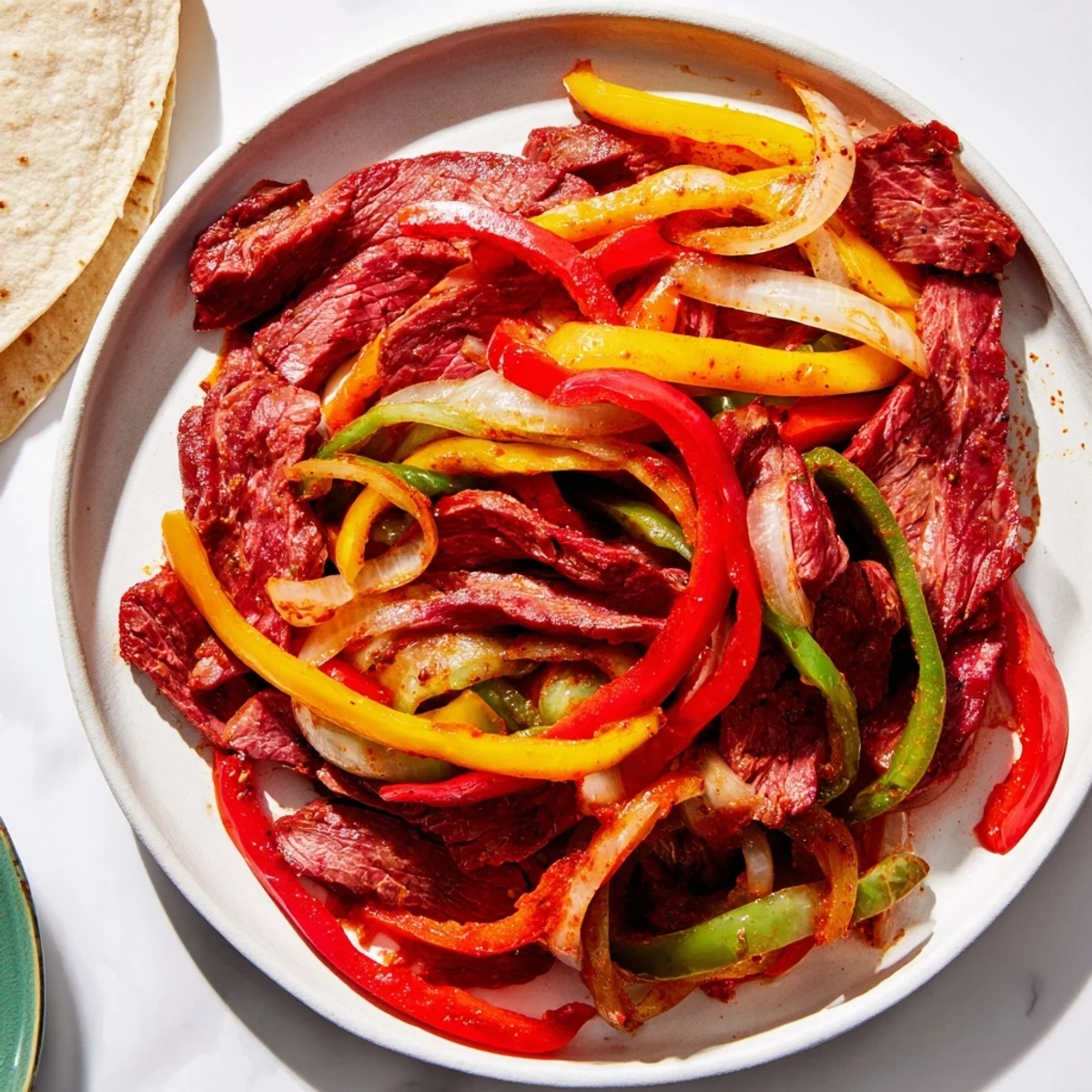 Homemade Beef Fajitas, a delicious Tex-Mex meal, garnished with fresh cilantro and lime wedges.