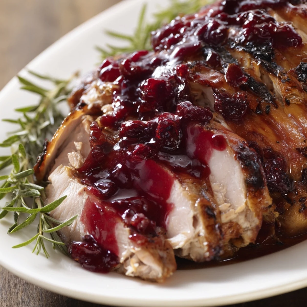 Juicy Cranberry Glazed Turkey, glistening with a vibrant cranberry sauce, ready to serve for dinner.