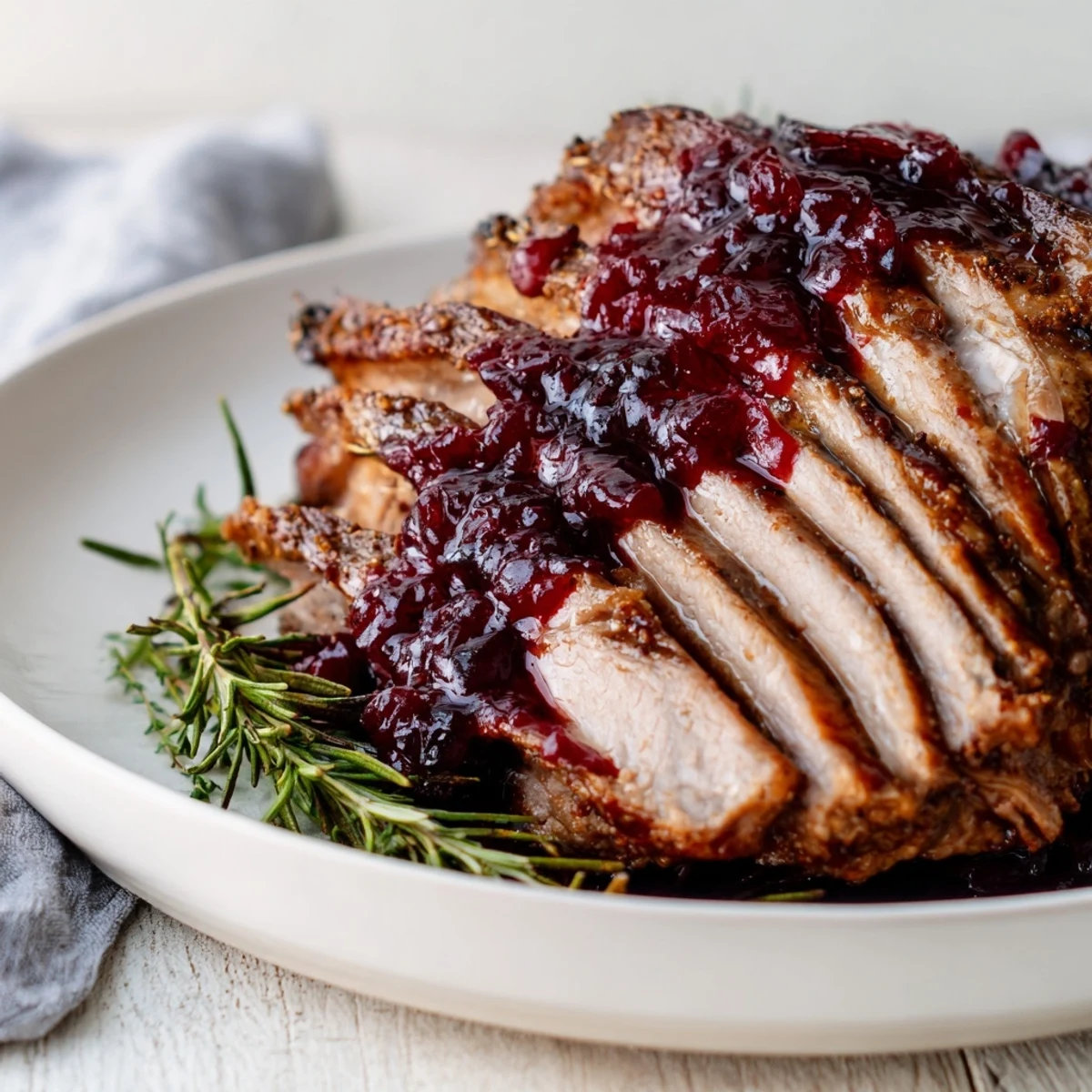 Beautifully browned Cranberry Glazed Turkey with a rich, glossy glaze, ideal for a Thanksgiving feast.