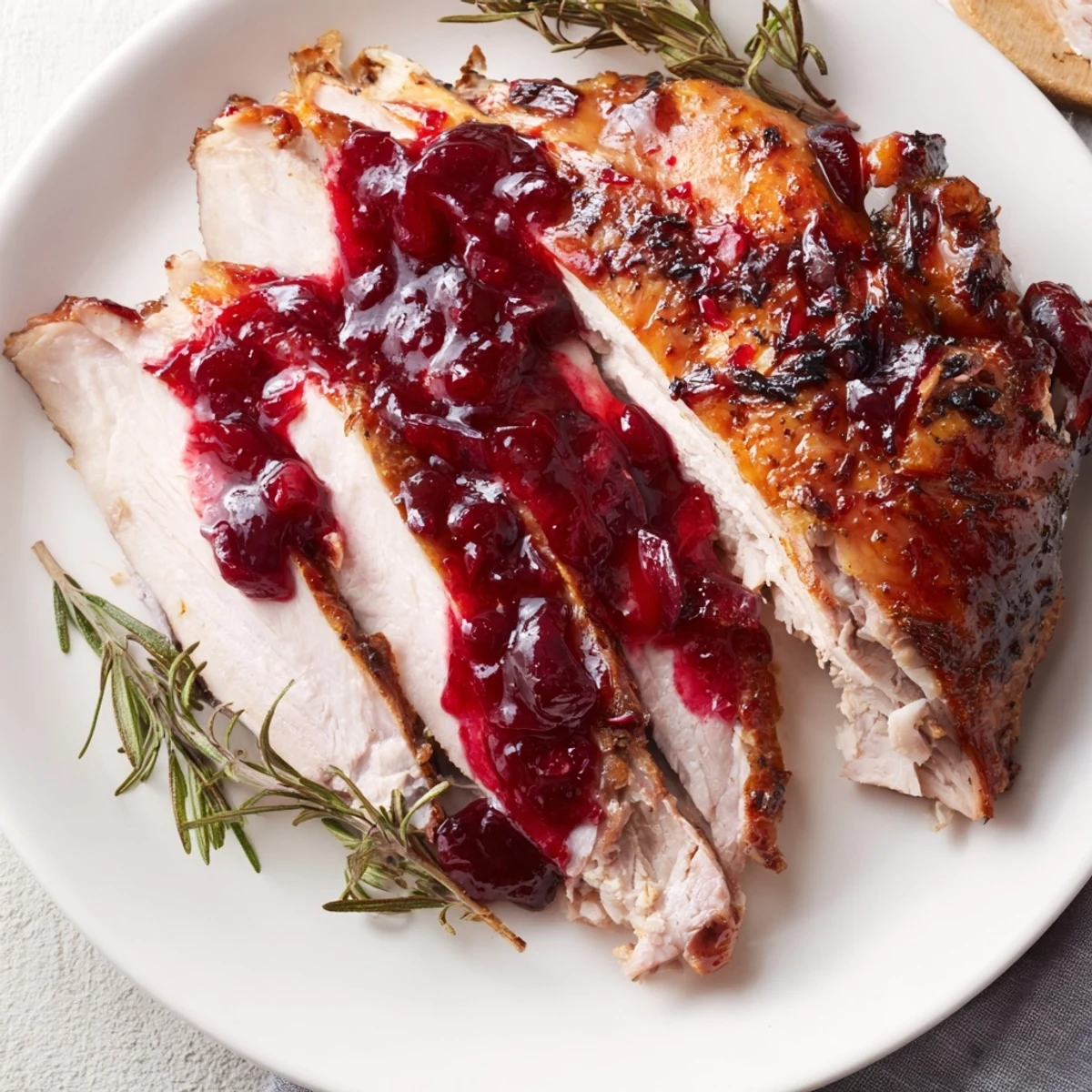 A close-up shot of the savory Cranberry Glazed Turkey, showing tender slices with the flavorful glaze.