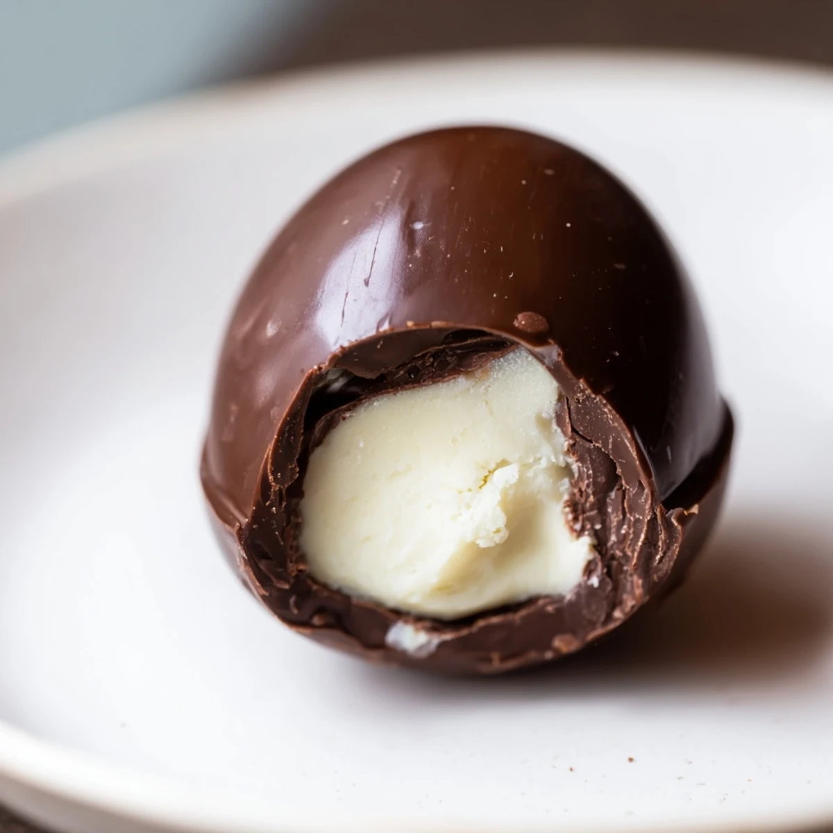 Rich, dark chocolate egg, perfectly molded with a smooth, creamy white chocolate filling, ready to serve.