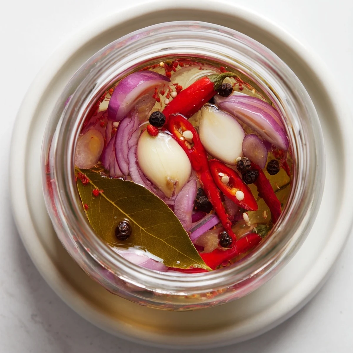 Aromatic Spiced Vinegar with visible chili peppers, garlic, and onions, ready for pouring.