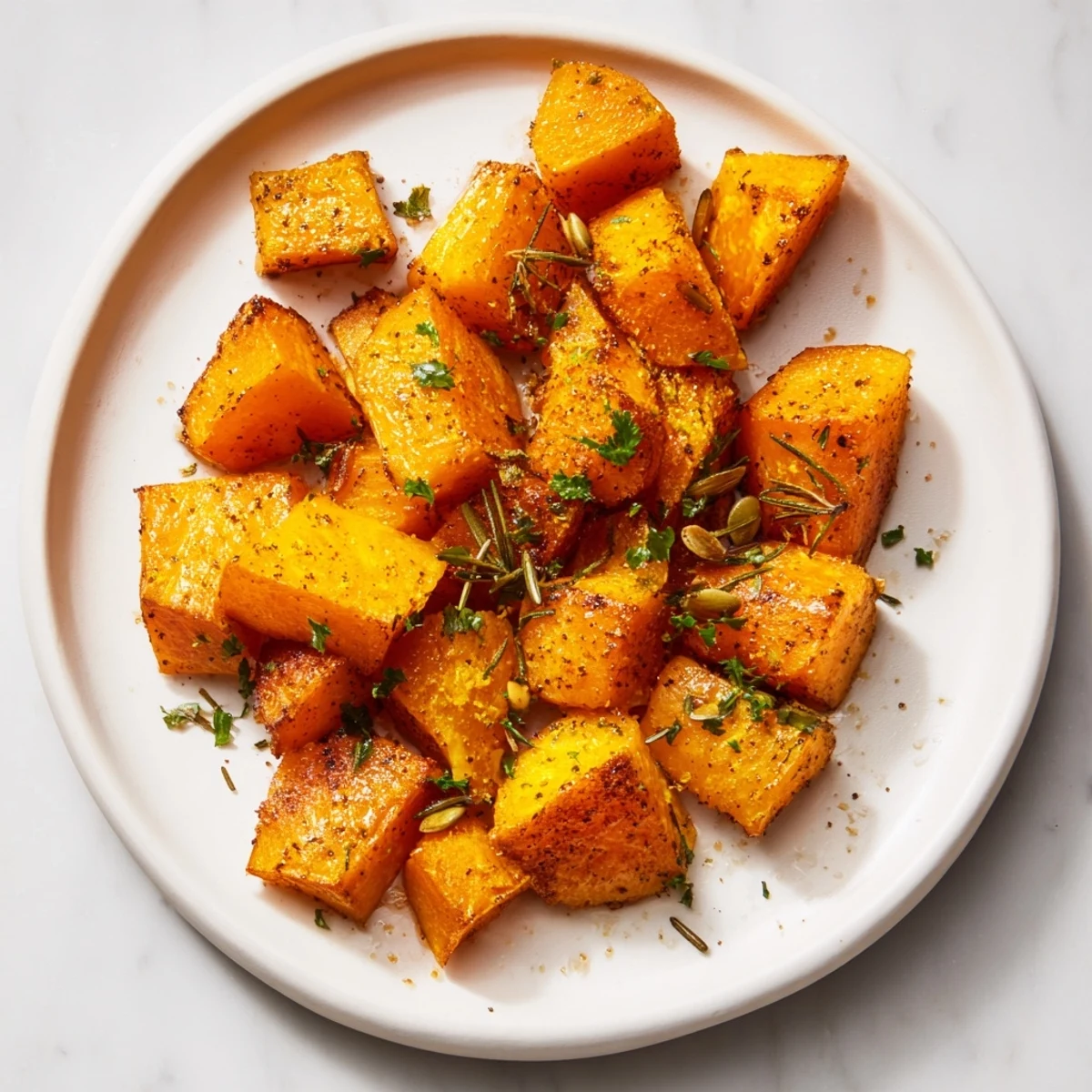 Golden, roasted pumpkin cubes with crispy edges, seasoned with herbs, a delightful autumn side dish.