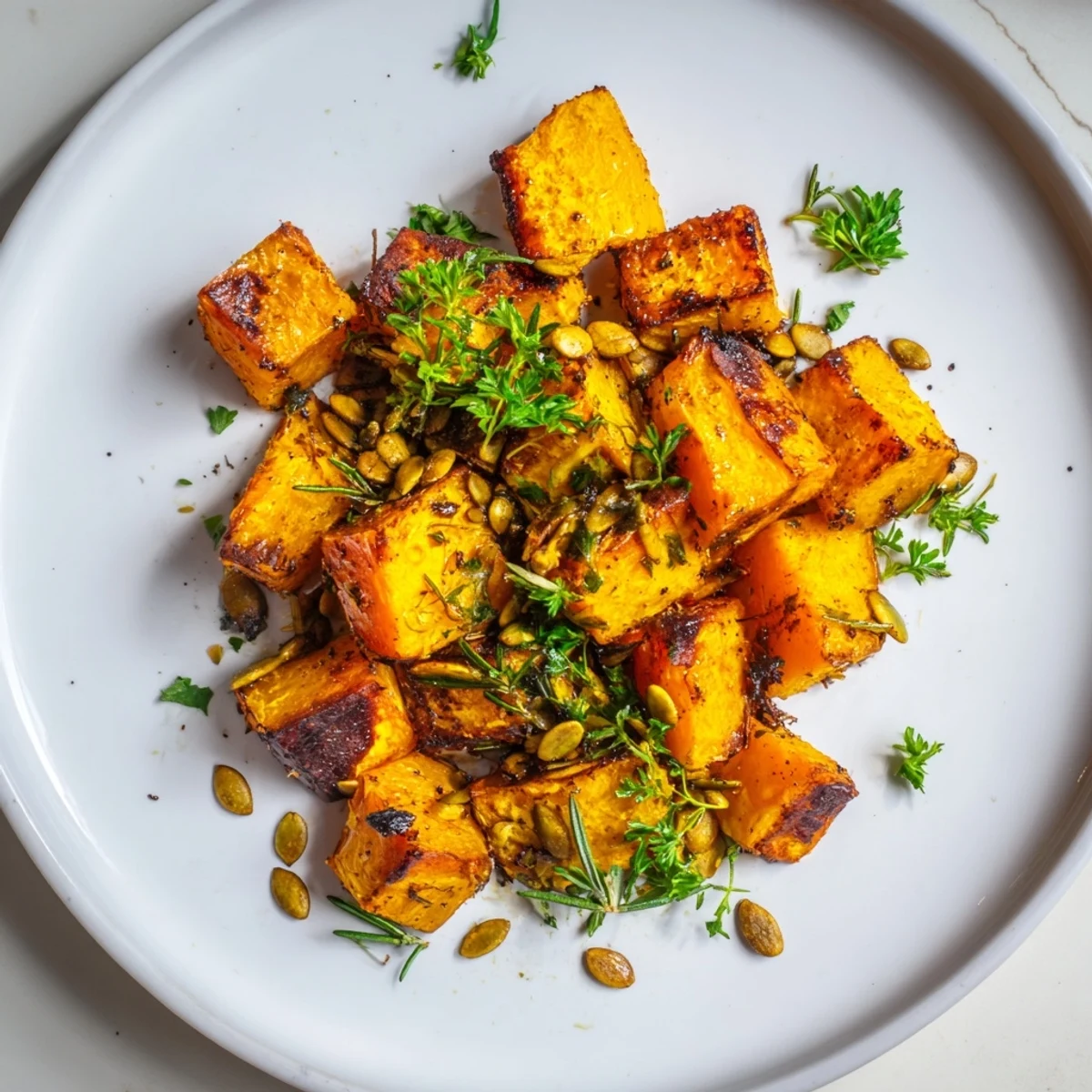 A close-up view of the tender roasted pumpkin, caramelized with cinnamon, perfect for a cozy dinner.