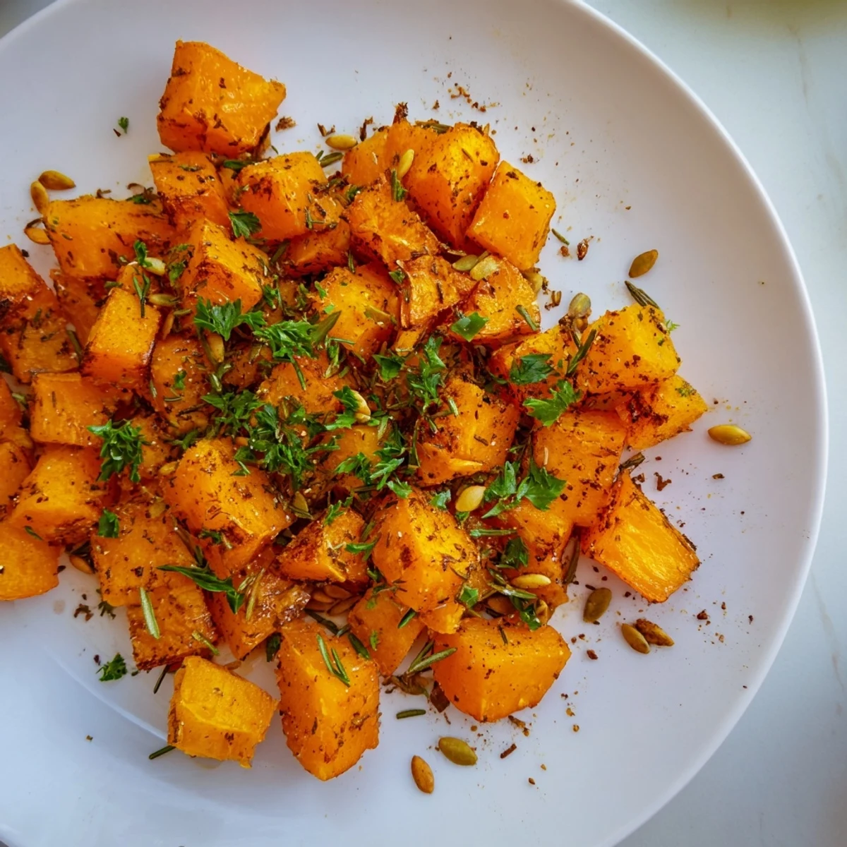 Vibrant image of the finished roasted pumpkin, glistening with oil and herbs, ready to be served warm.
