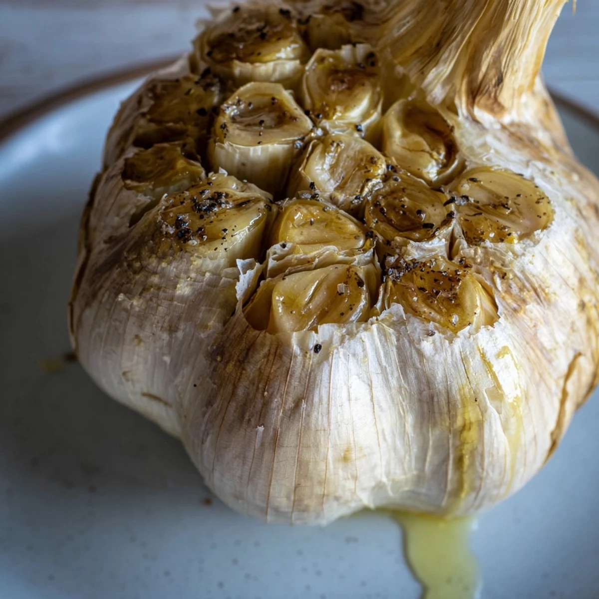 Golden, soft roasted garlic bulb ready to be squeezed out, smelling divine after roasting.