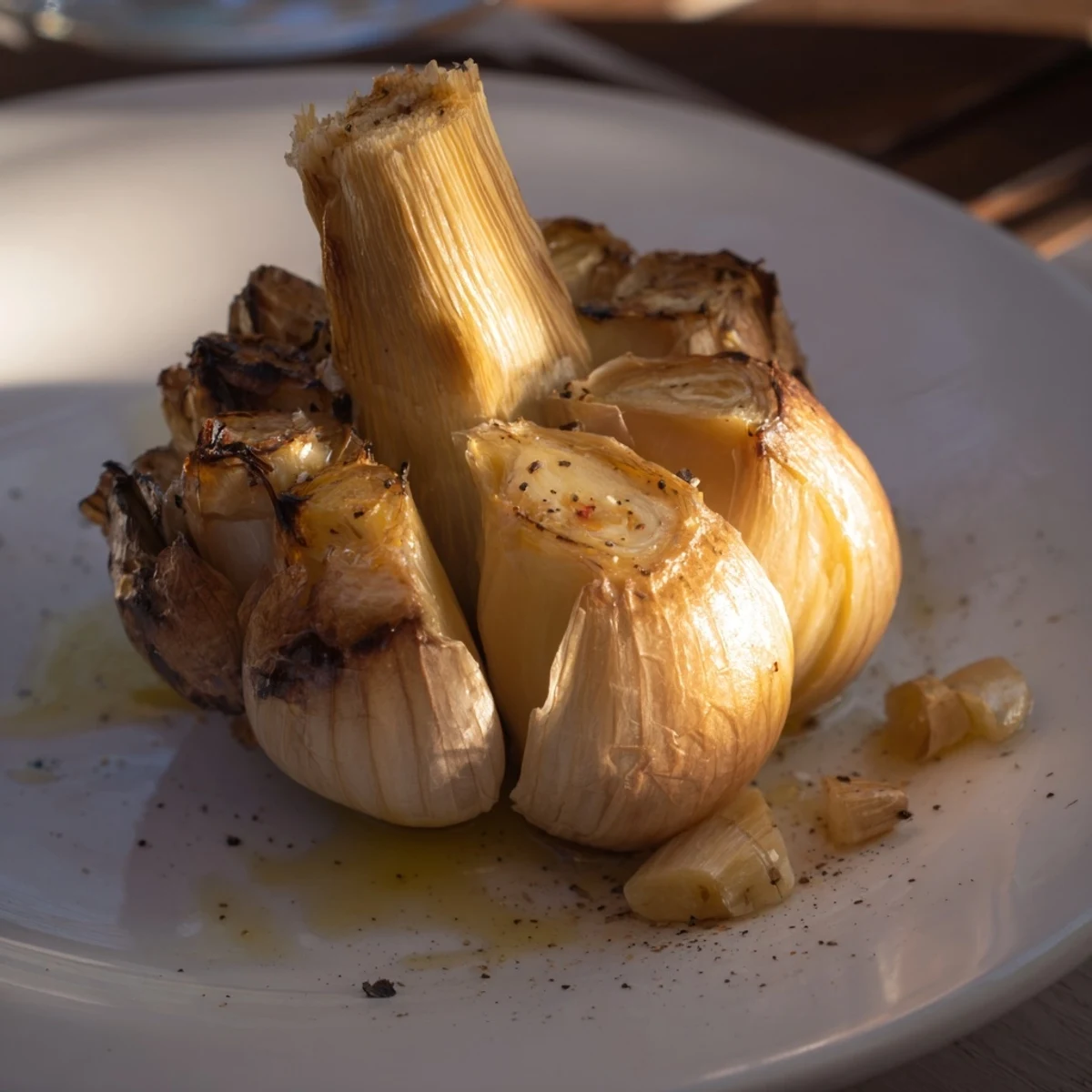 Close-up of a perfectly roasted garlic bulb, glistening with olive oil, ideal for spreading.