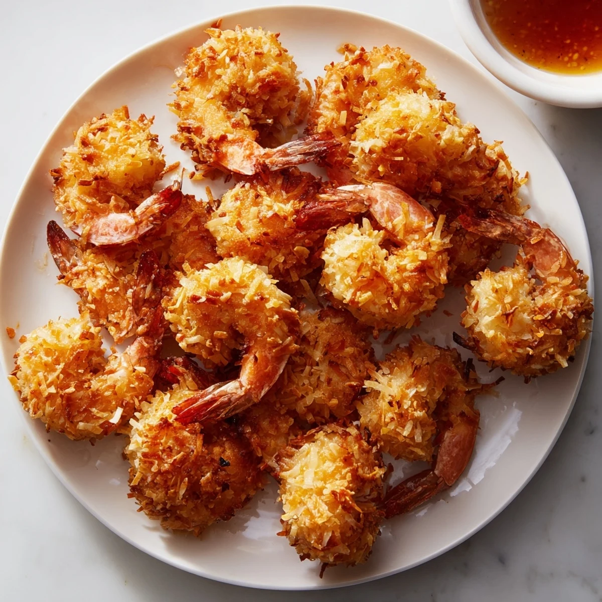 Golden-brown crispy coconut shrimp, fried to perfection, ready to dip in sweet chili sauce.