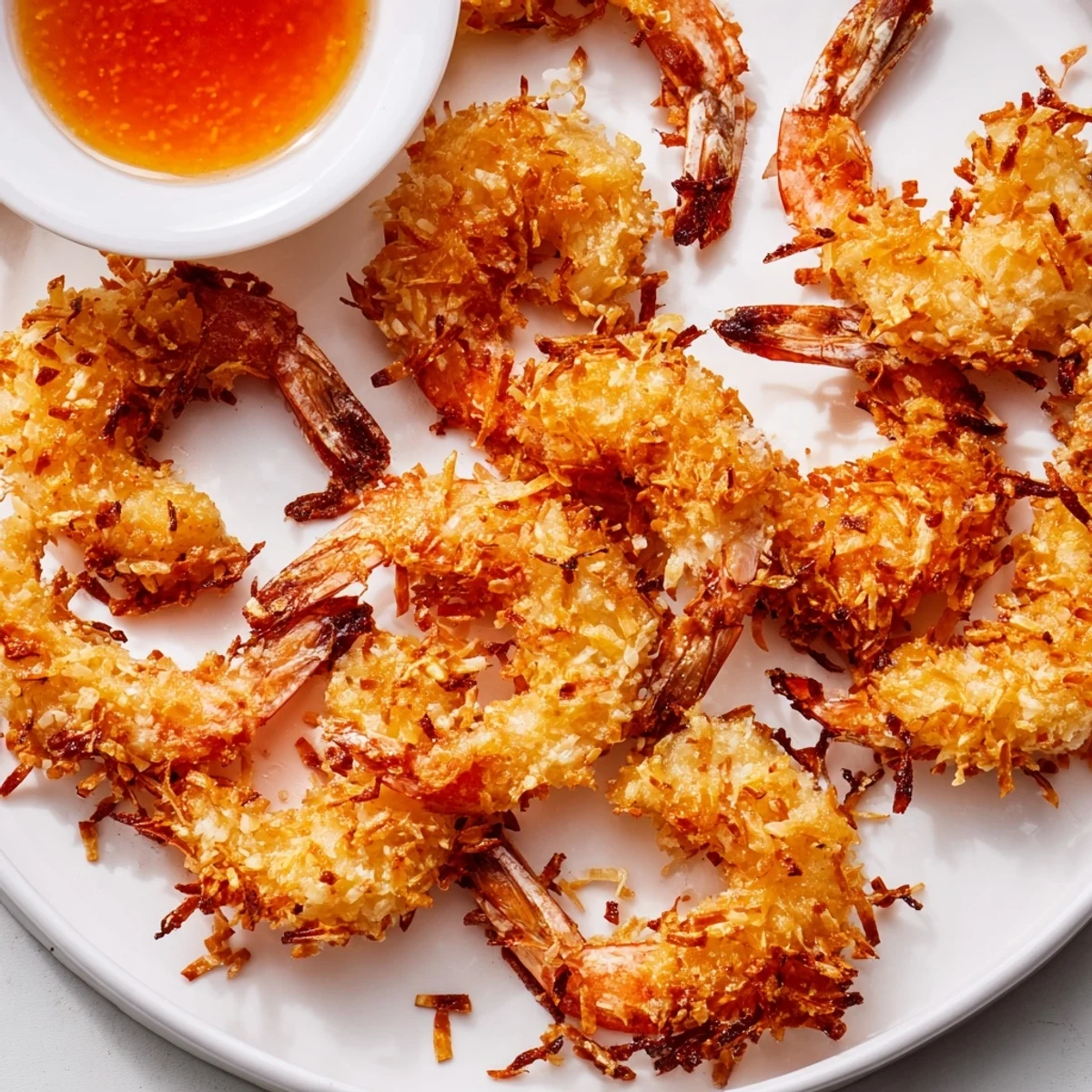 Platter of flavorful crispy coconut shrimp, an easy appetizer perfect for a party or meal.