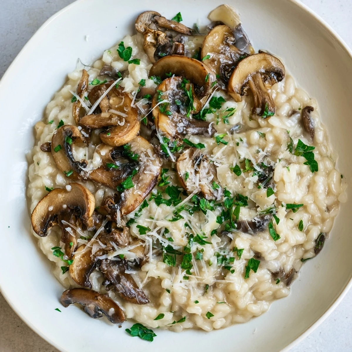 This photo features a close-up of delicious Savory Mushroom Risotto, ready to be enjoyed as a meal.