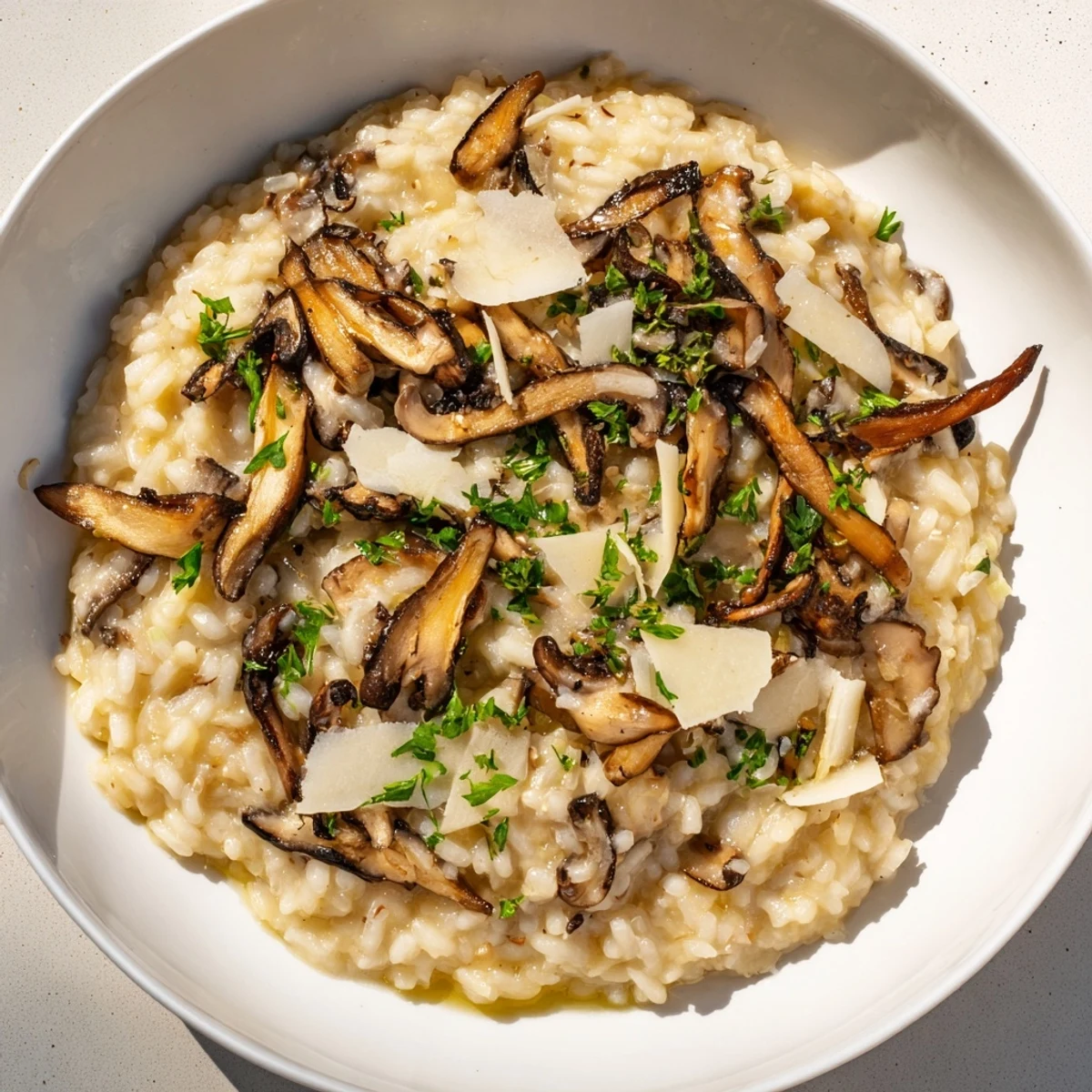 Creamy, flavorful Savory Mushroom Risotto topped with Parmesan cheese, perfect for a cozy dinner.