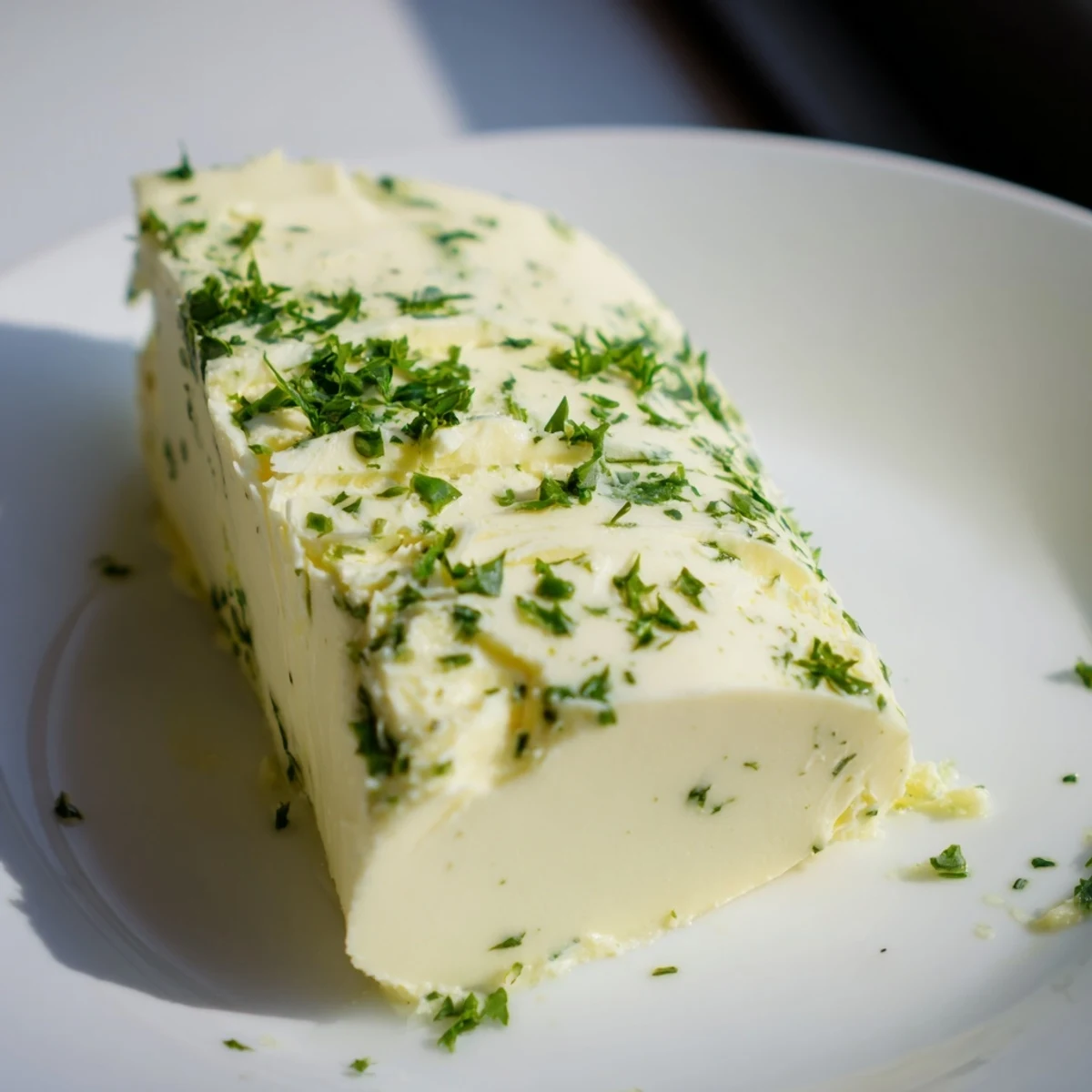Freshly made garlic herb butter, ready to melt, adding flavor to any dish.