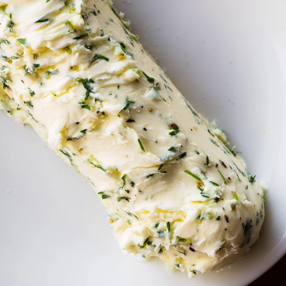 Melting garlic herb butter, showcasing flecks of fresh herbs, ready for serving.